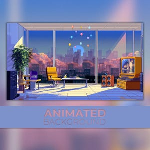 Könnte beinhalten: Ein pixelierter animierter Hintergrund mit einer Skyline einer Stadt und einem Schreibtisch mit Stuhl im Vordergrund. Der Schreibtisch hat einen Computermonitor, eine Topfpflanze und einen Lautsprecher. Über der Stadt schweben Ballons in der Luft.