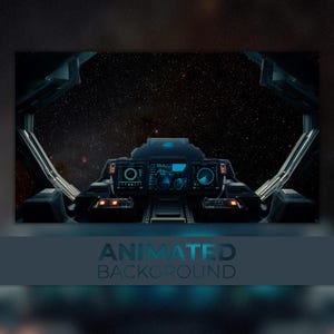 May include: A futuristic spaceship cockpit with a view of a starry night sky. The cockpit has a control panel with various buttons and screens. The image is an animated background.