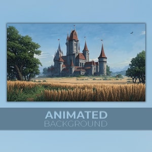 Puede incluir: Un fondo animado con una ilustración detallada de un castillo medieval con torres de tejados rojos. El castillo está situado en un campo de trigo bajo un cielo azul. El texto "ANIMATED BACKGROUND" se muestra en la parte inferior.