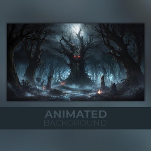 May include: A digital art print of a dark, spooky forest scene. The focal point is a large, gnarled tree with glowing red eyes. The forest is shrouded in mist, with a full moon shining through the branches. The words "ANIMATED BACKGROUND" are at the bottom.
