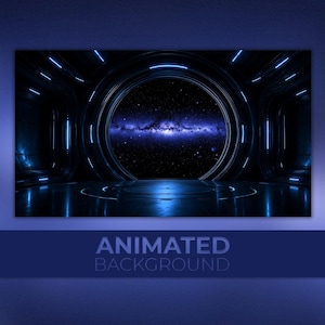 May include: A digital graphic featuring a futuristic spaceship interior with a large circular window looking out into deep space. The scene is illuminated by cool blue neon lights lining the walls and floor, with the text ANIMATED BACKGROUND.