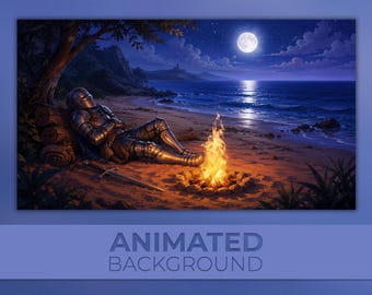 Animated Background, Sleeping Knight Beach, Moonlit Ocean Campfire, Medieval Fantasy Scene, VTuber Stream Background