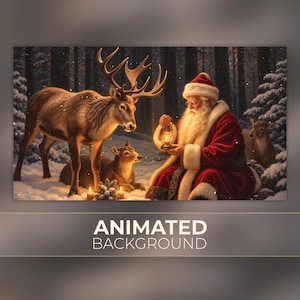 May include: A figure with a white beard wearing a red coat and hat holds a glowing lantern in a snowy forest. A large reindeer with antlers stands beside a smaller deer, while another deer rests nearby. The scene includes falling snow and candles.
