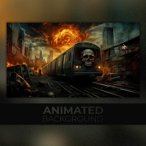 May include: A subway train with a skull on the front drives through a post-apocalyptic city with a fiery explosion in the background.