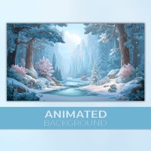 May include: A digital painting of a winter landscape with snow-covered trees, a flowing river, and a bright sky. The image has a soft, dreamy quality with pastel colors. The text "ANIMATED BACKGROUND" is at the bottom.