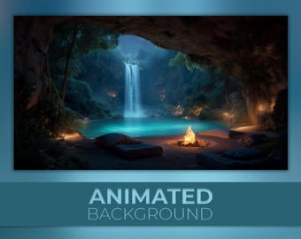 Fondo animado, cueva con cascada en la jungla, piscina turquesa cristalina, cueva acogedora, oscuridad exuberante, fondo de Twitch Stream Zoom Vtuber