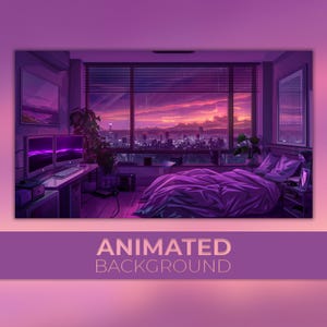 Animierter Hintergrund, Lila Regen Raum, Cyberpunk Lofi, Violet Skyline, Ultraviolet Haven, Twitch Stream Zoom Vtuber Hintergrund