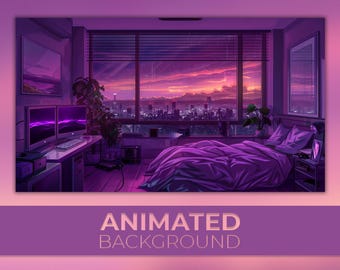 Animated Background, Purple Rain Room, Cyberpunk Lofi, Violet Skyline, Ultraviolet Haven, Twitch Stream Zoom Vtuber Background