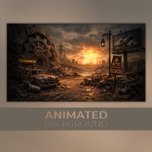 May include: An apocalyptic scene with a rusty car, a large gear, and a sign that says "Welcome to 101." A billboard shows a rocket. The sky is filled with an orange glow, and the words "Animated Background" are at the bottom.
