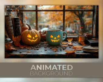 Animated Background, Pumpkin Autumn, Halloween Cup, Coffee Shop, Autumn Leaves, Serene Atmosphere, Twitch Stream Zoom Vtuber Background