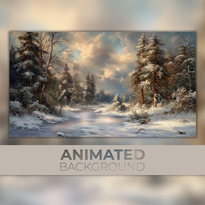 Animated Background, Winter Forest, Snowy River, Midwinter Mystique, Twilight Snowfall, Twitch Stream Zoom Vtuber Background