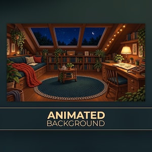 May include: An attic room with wooden walls, a blue sofa with a red blanket, a round blue rug, and a wooden desk with a lamp. Skylights reveal a night sky with a crescent moon. Bookshelves line the walls, filled with books and potted plants. Text reads ANIMATED BACKGROUND.