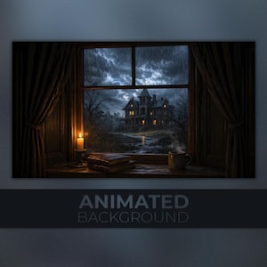 Animated Background, Haunted House in the Rain, Gothic Window View, Cozy Dark Night, Twitch Stream Zoom Vtuber Background