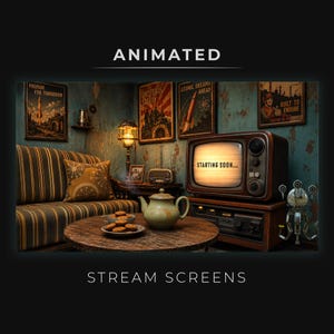 May include: An animated stream screen with a retro aesthetic. The scene features a vintage television displaying "STARTING SOON..." above a wooden console. The room includes a sofa, a table with a teapot and cookies, and framed posters.