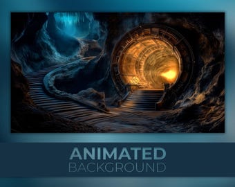 Op de afbeelding: Een geanimeerde achtergrondafbeelding met een grot en een gloeiend portaal. Een kronkelende trap leidt naar het portaal, dat een warm, goudkleurig licht uitstraalt. De tekst "ANIMATED BACKGROUND" staat onderaan de afbeelding.