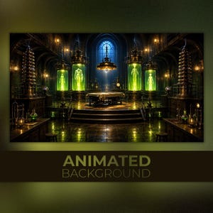 May include: A digital illustration of a laboratory interior featuring four large glass cylinders filled with glowing green liquid and humanoid figures. A central examination table sits on a raised platform, flanked by tall electrical coils.