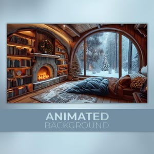 Fondo animado, Invierno en la cueva, Cabaña nevada, Sala de lectura con un brillo cálido, Vista de un bosque nevado, Fondo de Twitch para Zoom y Vtuber