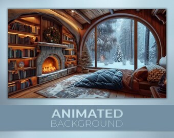 Animated Background, Winter In The Cave, Snowy Cabin, Warm Glow Reading Room, Snowy Forest View, Twitch Stream Zoom Vtuber Background