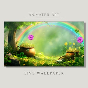 Könnte beinhalten: Ein lebendiges digitales Kunstwerk mit einem Regenbogen über einer üppigen grünen Landschaft. Zwei Goldtöpfe mit Blumen befinden sich im Vordergrund. Die Worte "ANIMATED ART" und "LIVE WALLPAPER" sind zu sehen.