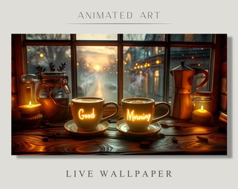 Animated Background, Morning Coffee, Cozy Warm Illustration, Window Looking, Rainy Day, Autumn Comfort, Twitch Stream Zoom Vtuber Background