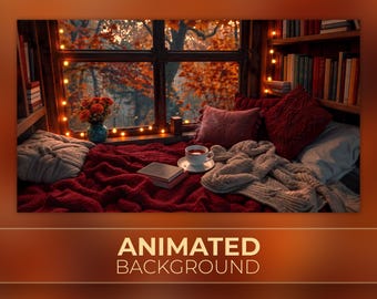 Animated Background, Romantic Autumn Atmosphere, Books and Hot Tea, Fall Immersion, Cozy Autumn Corner, Twitch Stream Zoom Vtuber Background
