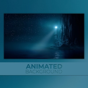 Peut inclure: Illustration numérique d'un phare émettant un faisceau lumineux dans un ciel nocturne étoilé. Le phare est situé sur une falaise rocheuse, avec la mer au premier plan. Les mots "ANIMATED BACKGROUND" sont affichés en bas.