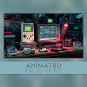 May include: A retro gaming setup featuring a white and gray Game Boy, a pink CRT television displaying a video game, and various vintage consoles and controllers. The image has a nostalgic, vintage aesthetic, with the text "ANIMATED BACKGROUND" at the bottom.