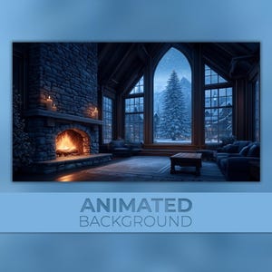 Puede incluir: Imagen de fondo animada de un acogedor interior de cabaña con chimenea de piedra y una gran ventana con vistas a un paisaje nevado. El texto "ANIMATED BACKGROUND" se muestra en la parte inferior.