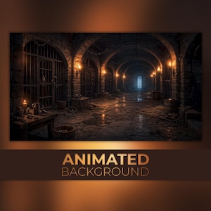 Puede incluir: Imagen de fondo animada de una mazmorra medieval. La escena presenta arcos de piedra, barras de hierro y luz de velas parpadeante. El texto "ANIMATED BACKGROUND" se muestra en letras doradas en la parte inferior de la imagen.