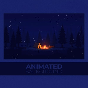 Pode incluir: Uma ilustração digital em pixel art de um acampamento à noite com uma pequena tenda e uma fogueira laranja brilhante cercada por pinheiros azul-escuros sob um céu estrelado. O texto ANIMATED BACKGROUND está impresso em azul na parte inferior.