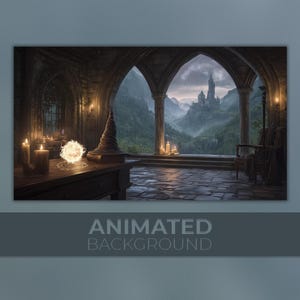 May include: An animated background image featuring a gothic interior with a view of a castle in the distance. A wizard's hat and a glowing orb sit on a wooden table. The image has a dark, moody atmosphere with lit candles.
