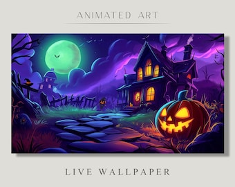 Animated Background, Happy Halloween, Scary Pumpkins, Haunted House, Halloween Holiday, Pumpkin Carving Twitch Stream Zoom Vtuber Background