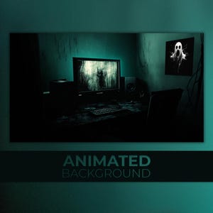 Geanimeerde achtergrond, horrorscherm, donkere kamer, digitale nachtmerries, diepe schaduwen, Twitch Stream Zoom Vtuber-achtergrond, achtergrond Halloween