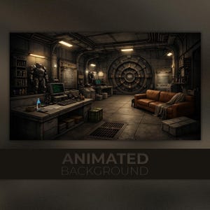 Puede incluir: Imagen de fondo animada de un interior industrial futurista. La escena presenta una sala de control con computadoras, una gran puerta de bóveda y un sofá de cuero marrón. El texto "ANIMATED BACKGROUND" está en la parte inferior.