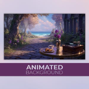 Puede incluir: Imagen de fondo animada con un camino costero que conduce al mar. Una mesa con un tocadiscos, flores, café y cruasanes está en primer plano. El texto "ANIMATED BACKGROUND" está en la parte inferior.