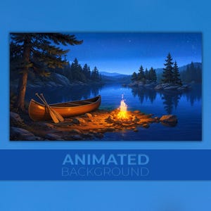 May include: A digital illustration of a wooden canoe with two paddles resting on a rocky lakeshore at night. A bright orange campfire burns on the shore, illuminating the surrounding rocks and trees under a dark blue starry sky.