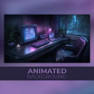May include: An animated background image of a retro computer setup in a dimly lit room. The scene includes a vintage monitor, keyboard, laptop, and a leather chair. The text "ANIMATED BACKGROUND" is displayed at the bottom.