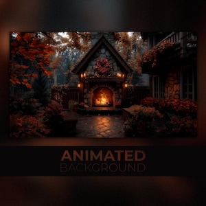 Sfondo animato, giardino magico illuminato dal fuoco, patio autunnale rustico, foresta calda, autunno festivo, sfondo Vtuber per streaming Twitch Zoom