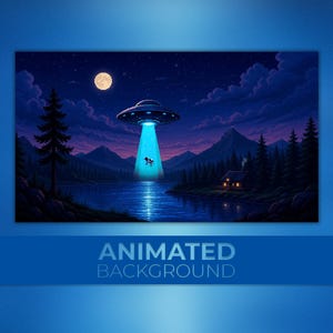 May include: An animated digital art piece featuring a pixelated night landscape with a full moon, mountains, a lake, and a cabin. A flying saucer hovers in the sky, emitting a bright blue beam of light that lifts a small cow into the craft.
