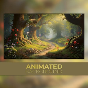 Sfondo animato, foresta incantata, ruscello fatato, magia del bosco, fiore mistico, sfondo Twitch Stream Zoom Vtuber