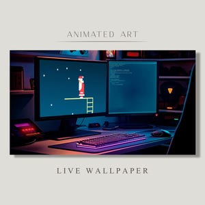 May include: A dark room with a computer monitor displaying a pixelated Santa Claus climbing a ladder. The monitor is on a desk with a keyboard and mouse. The text "ANIMATED ART LIVE WALLPAPER" is displayed at the top and bottom of the image.
