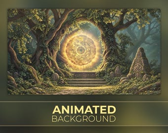 May include: A digital illustration of a glowing circular portal set between two large, mossy trees. Stone steps lead up to the light, surrounded by lush greenery and carved stone structures. The text "ANIMATED BACKGROUND" is printed below.