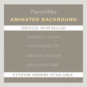 Pode incluir: Um download digital para um fundo animado com o texto "Motion Vibe Animated Background" e as palavras "Download digital", "Loop perfeito", "Alta qualidade", "Design exclusivo", "Arte exclusiva" e "Pedidos personalizados dispon&iacute;veis".