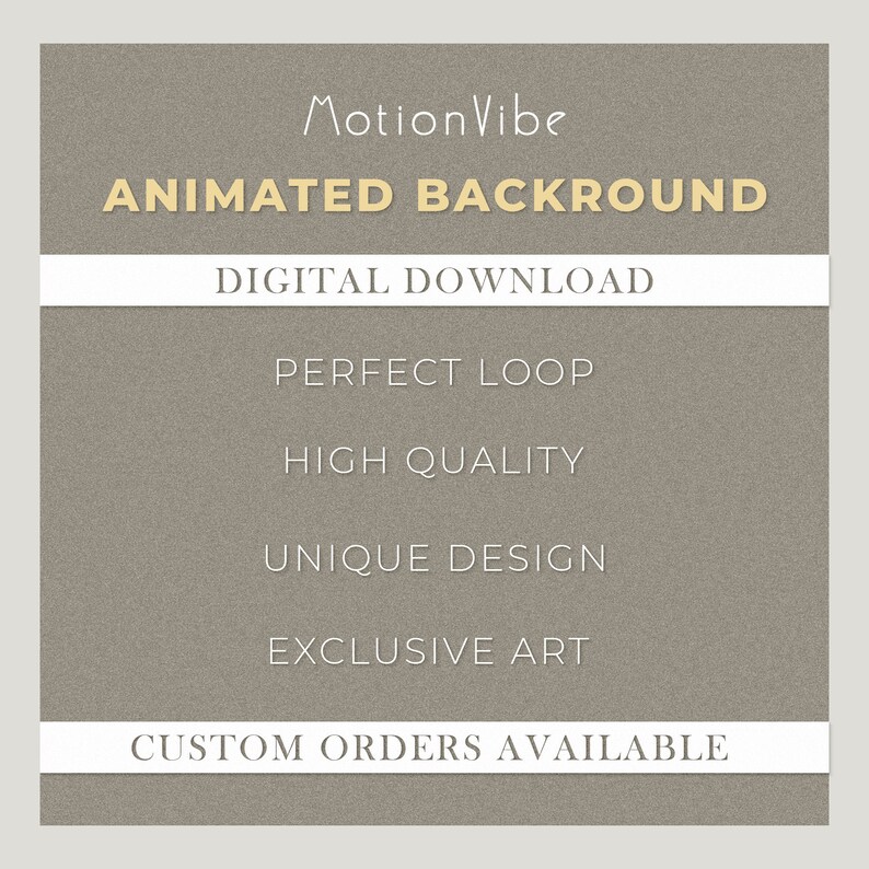 Pode incluir: Um download digital para um fundo animado com o texto "Motion Vibe Animated Background" e as palavras "Download digital", "Loop perfeito", "Alta qualidade", "Design exclusivo", "Arte exclusiva" e "Pedidos personalizados dispon&iacute;veis".