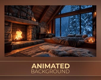 May include: An animated background featuring a stone fireplace with a burning fire, a wooden ceiling, and a large window overlooking a snowy forest at night. A bed with dark bedding and a fluffy rug are visible in the room, illuminated by candles.