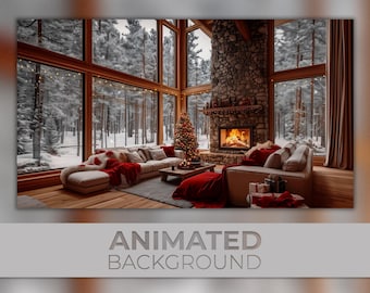 Fundo animado, Natal luxuoso à beira da lareira, Cabana de inverno encantadora, Serenidade na neve, Chalé de inverno, Fundo para transmissão ao vivo na Twitch com zoom para Vtuber