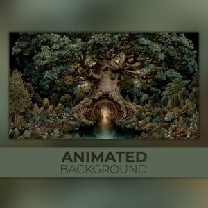 Può includere: Immagine di sfondo animata con un grande albero antico con un portale luminoso alla base, circondato da una vegetazione lussureggiante e da uno specchio d'acqua sereno. Il testo "ANIMATED BACKGROUND" è visualizzato in basso.