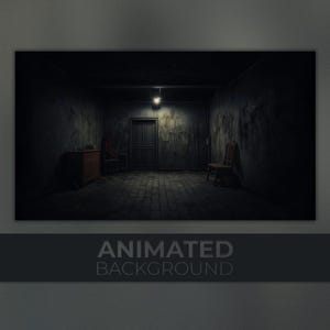 May include: Dark, dimly lit room with a single light source illuminating a door at the end of a long hallway. The walls are textured and aged, with a wooden dresser and chairs visible. The words "ANIMATED BACKGROUND" are displayed at the bottom.