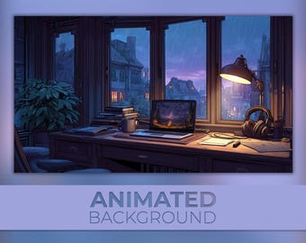 以下が含まれることがあります： デスク、ラップトップ、ヘッドフォンを備えた書斎のアニメーション背景画像。夕暮れ時の都市景観を見渡せる大きな窓がシーンを演出しています。「ANIMATED BACKGROUND」というテキストが一番下にあります。