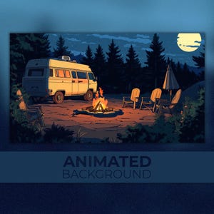 May include: A white vintage camper van parked in a forest clearing at night. A campfire burns in the centre of the clearing, with four chairs surrounding it. A full moon shines brightly in the sky.
